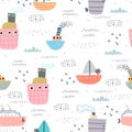 Seamless pattern with cartoon ships, decor elements. Colorful vector flat style for kids. hand drawing.